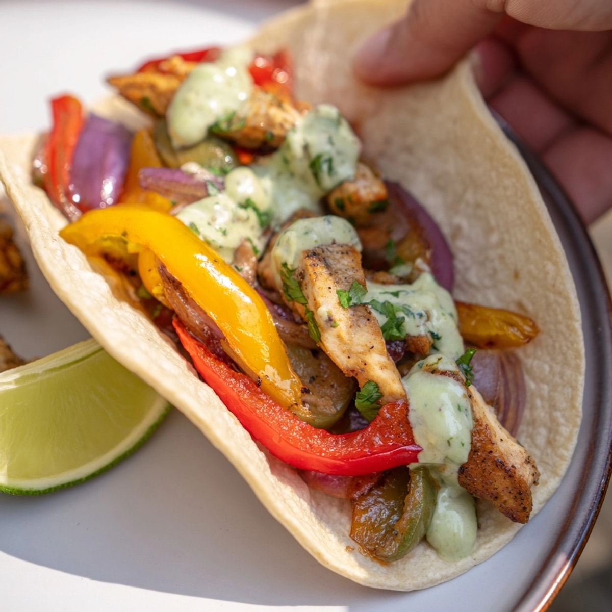 Sizzling Chicken Fajitas with Lime Crema, bursting with vibrant colors and Tex-Mex flavors.