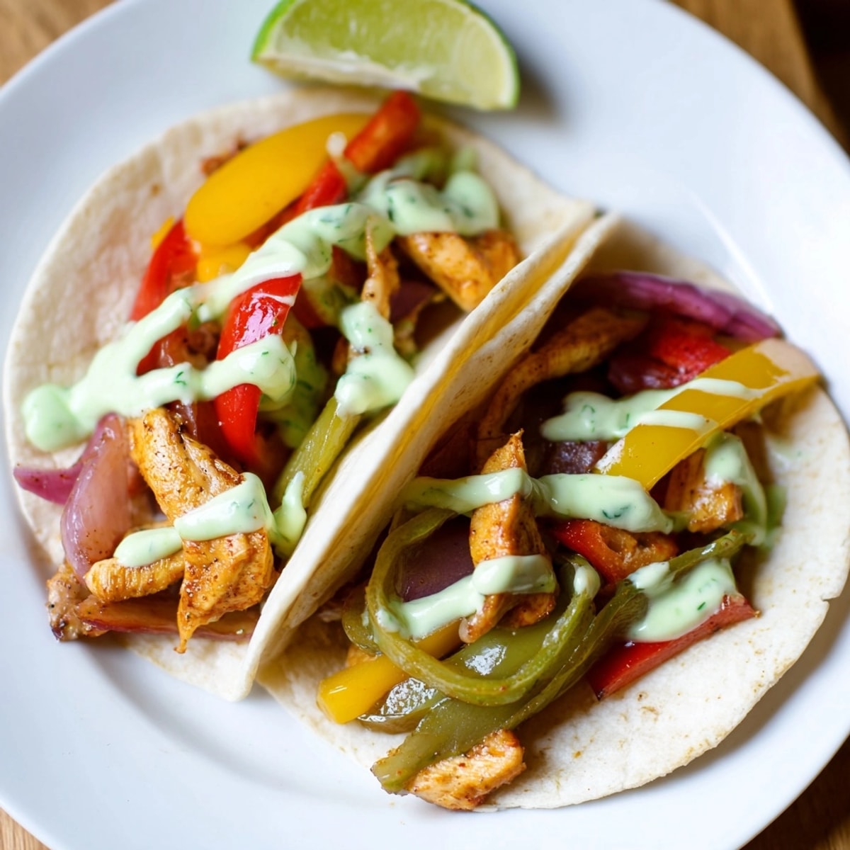 Savory Chicken Fajitas recipe: tender chicken with colorful bell peppers and creamy lime topping.