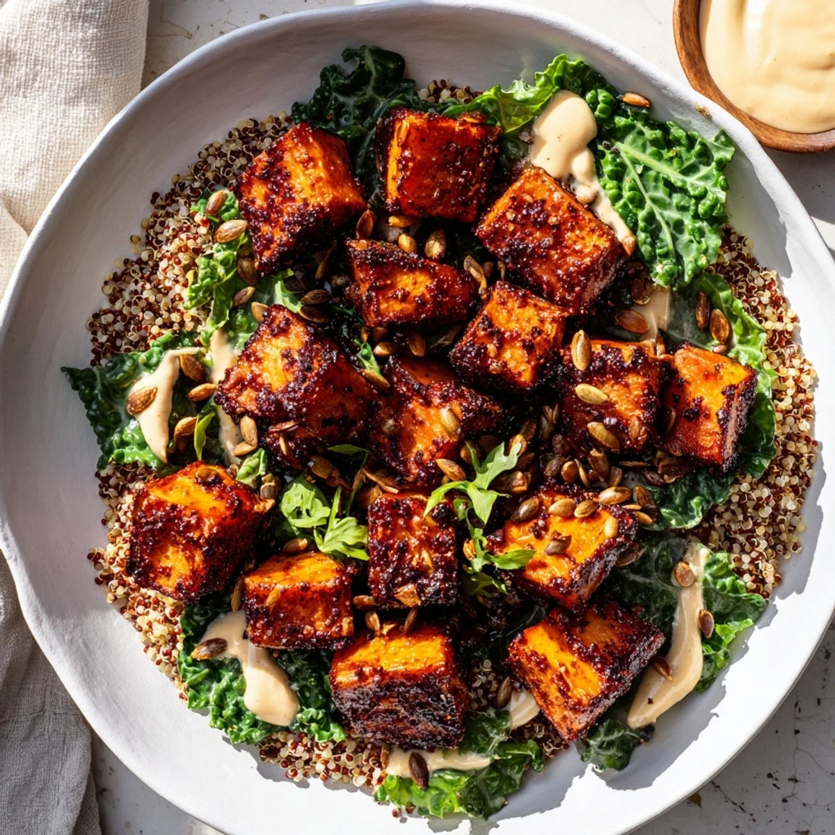 Light Coastal Bowl: a colorful plate of quinoa, sweet potatoes and kale with vibrant lemon dressing.