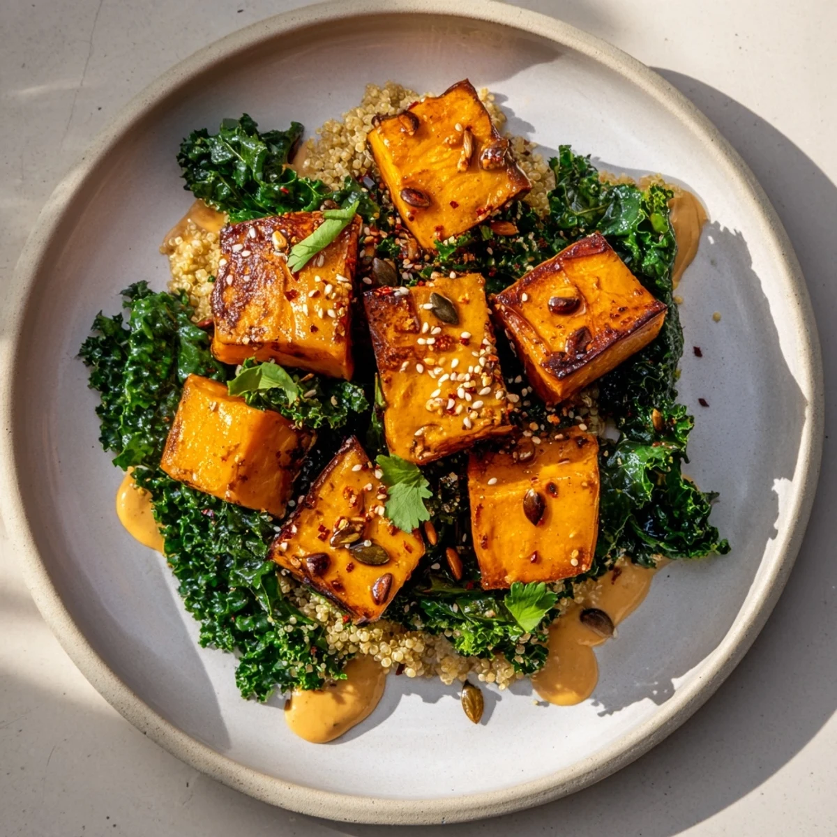 This flavorful Light Coastal Bowl shows fluffy quinoa, roasted sweet potatoes, and kale ready to enjoy.