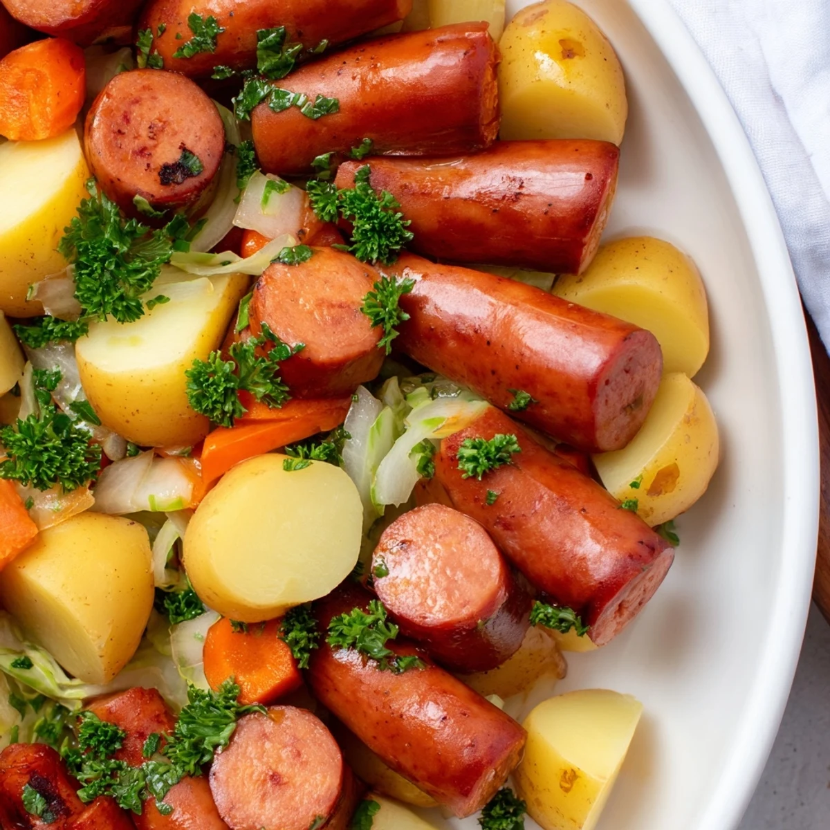 Golden potatoes and kielbasa combine to create this flavorful Rustic Flint-Style Skillet Plate, served with mustard.