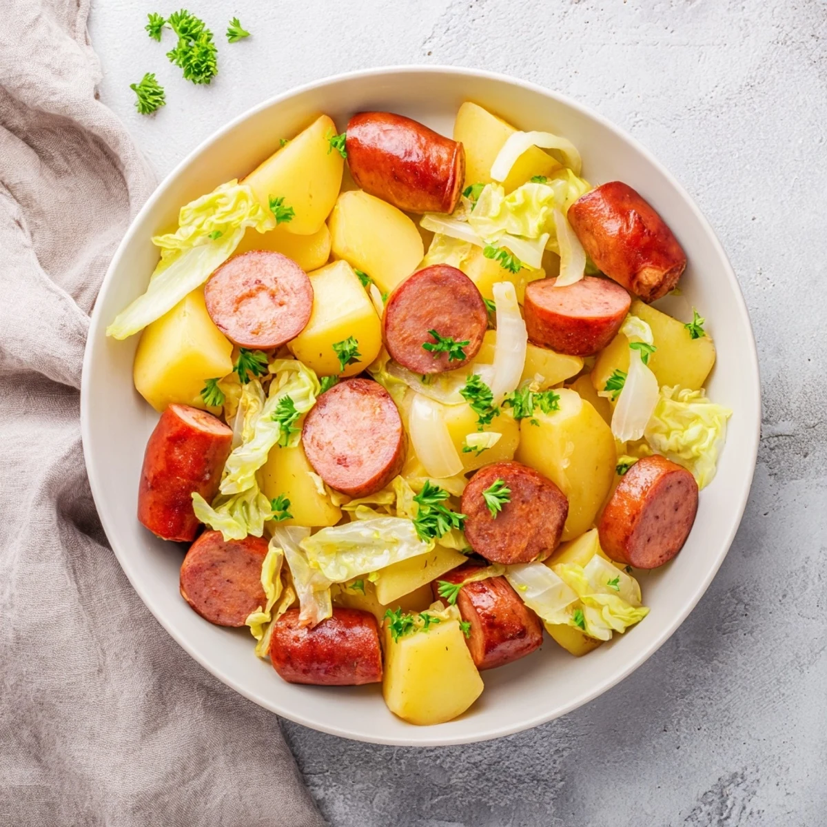 Smoky kielbasa and tender cabbage sizzle in this Rustic Flint-Style Skillet Plate, a hearty Midwest meal.