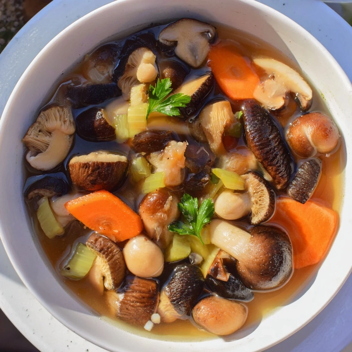 Steaming bowl of delicious Wild Mushroom and Barley Soup, garnished with fresh parsley, perfect for a cozy supper.