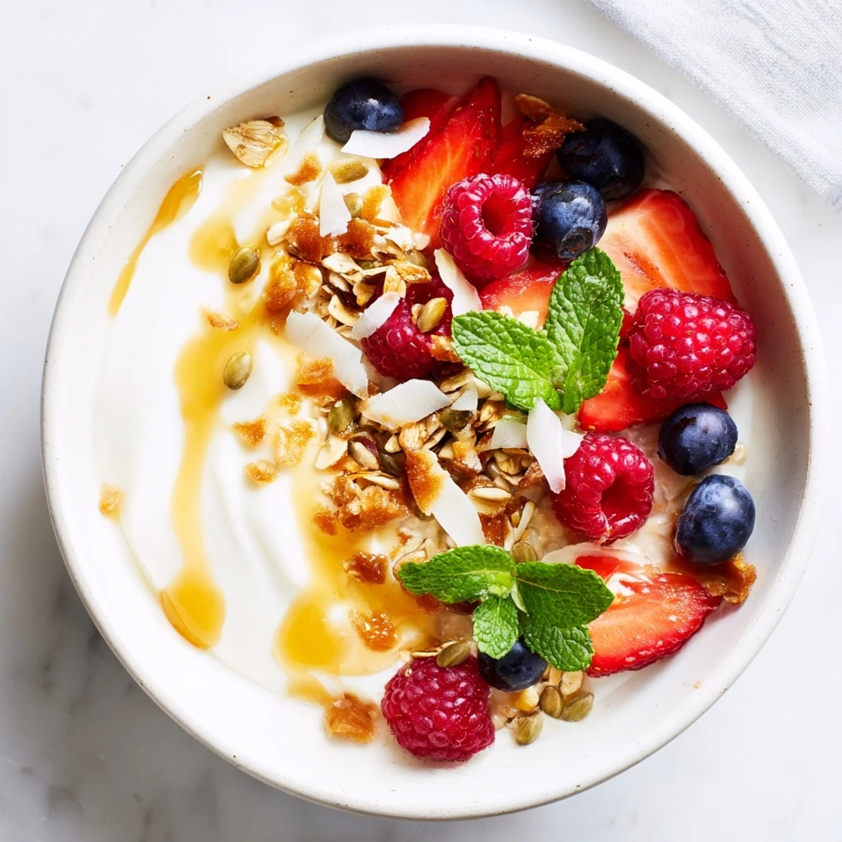 Creamy overnight oats with berries and honey, bursting with fresh fruit and a drizzle's sweet touch.