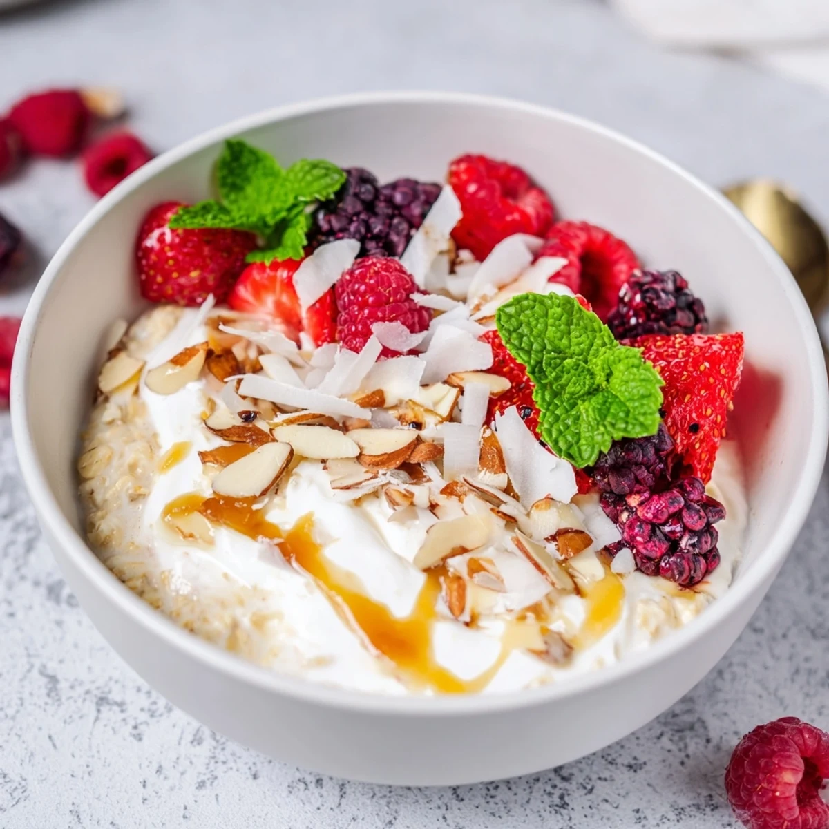 A beautiful bowl of overnight oats with berries and honey, showcasing vibrant ruby and purple colors ready to eat.