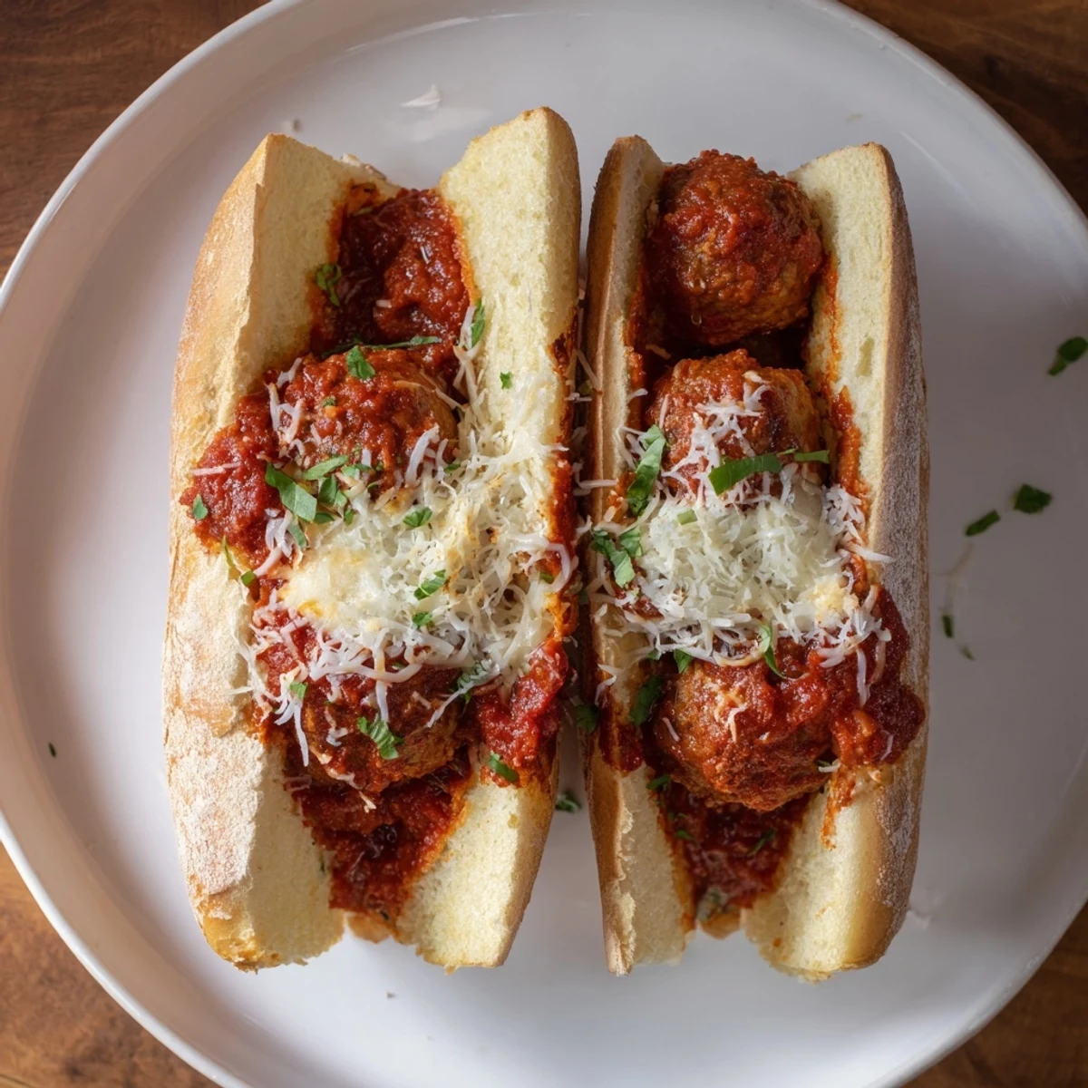 Toasted sub rolls brimming with juicy, savory Meatball Marinara Sub Sandwiches and a layer of melted cheese.
