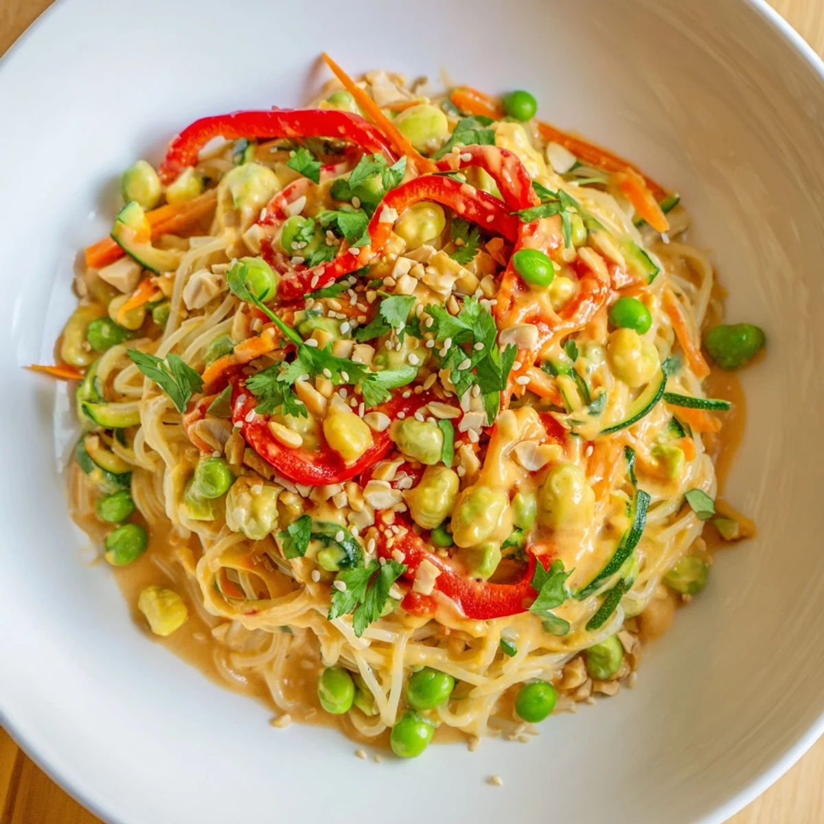 A close-up shot of colorful Spicy Peanut Noodle Salad, showcasing fresh, vibrant ingredients.