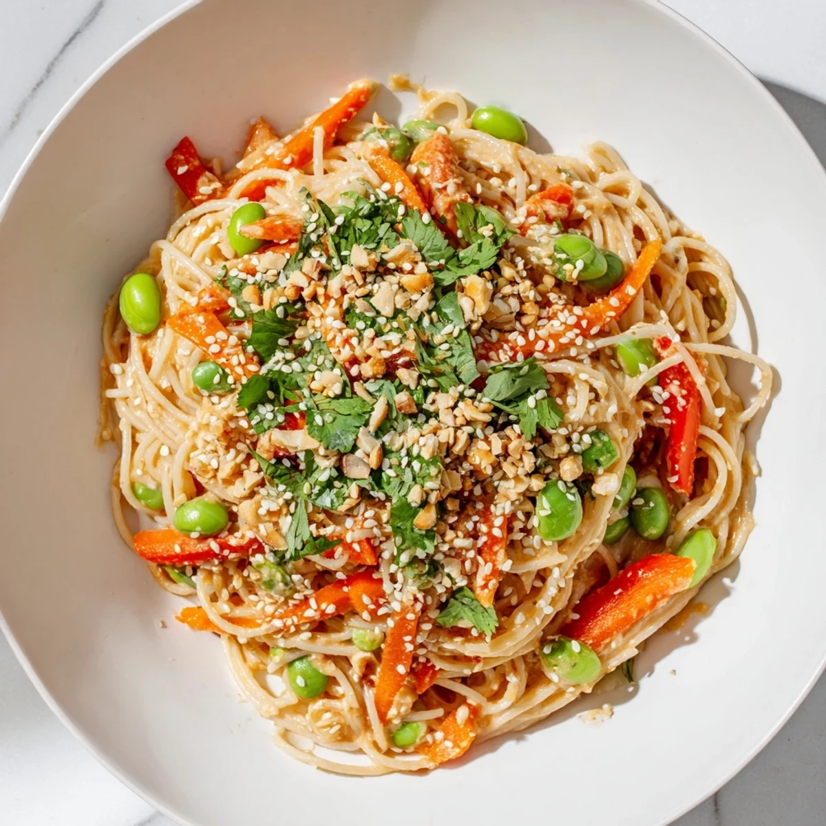 This delicious Spicy Peanut Noodle Salad features bright vegetables coated in a creamy, spicy sauce.
