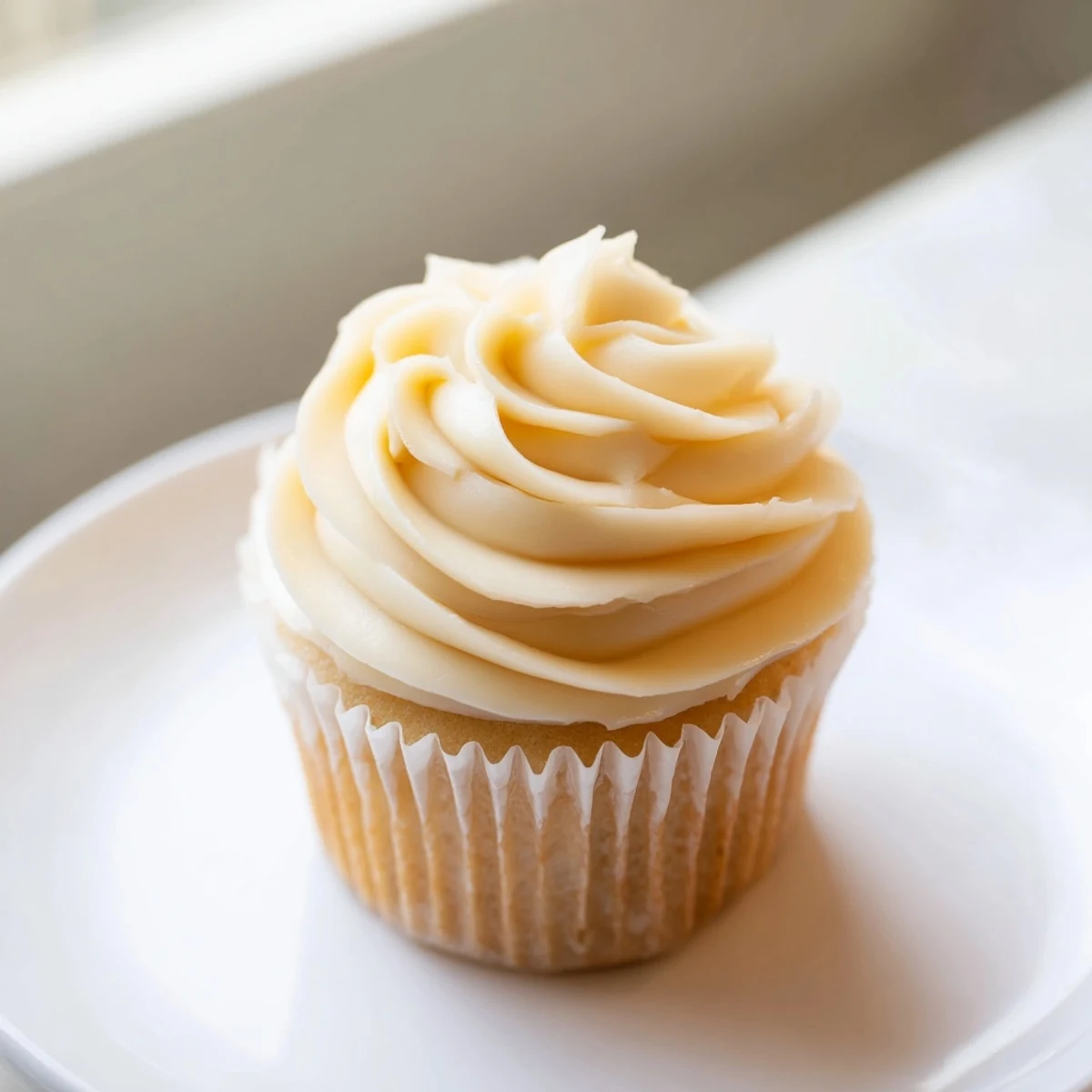 Beautifully frosted vanilla cupcakes, showing off swirls of buttercream and a moist, golden crumb.
