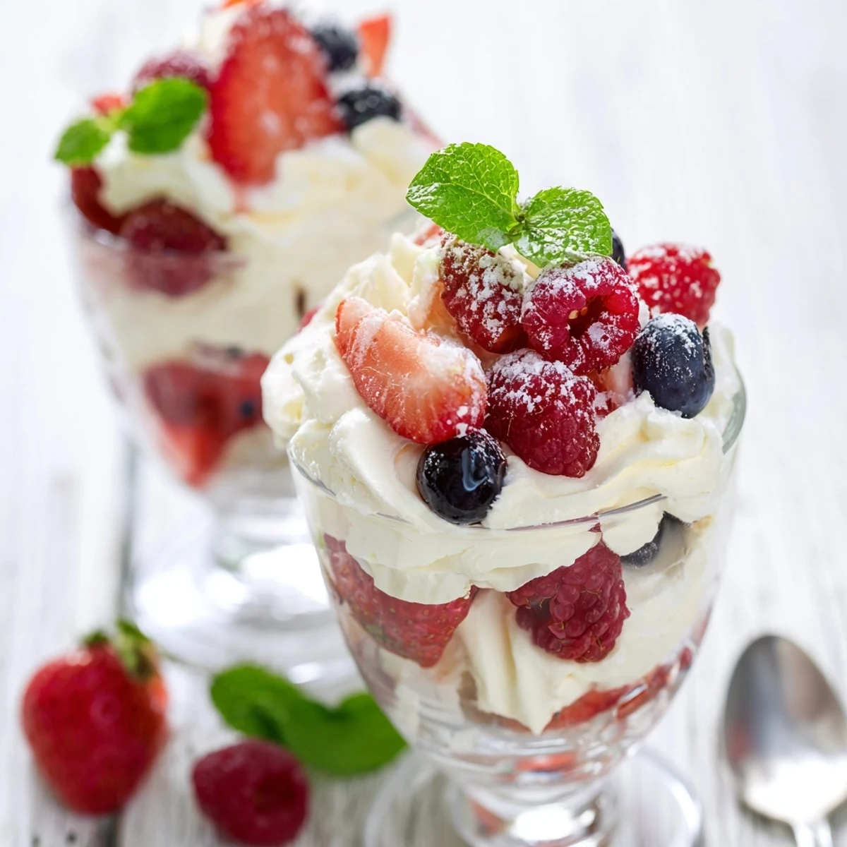 Vibrant berry parfait layers with creamy whipped cream: a refreshing dessert with juicy berries.