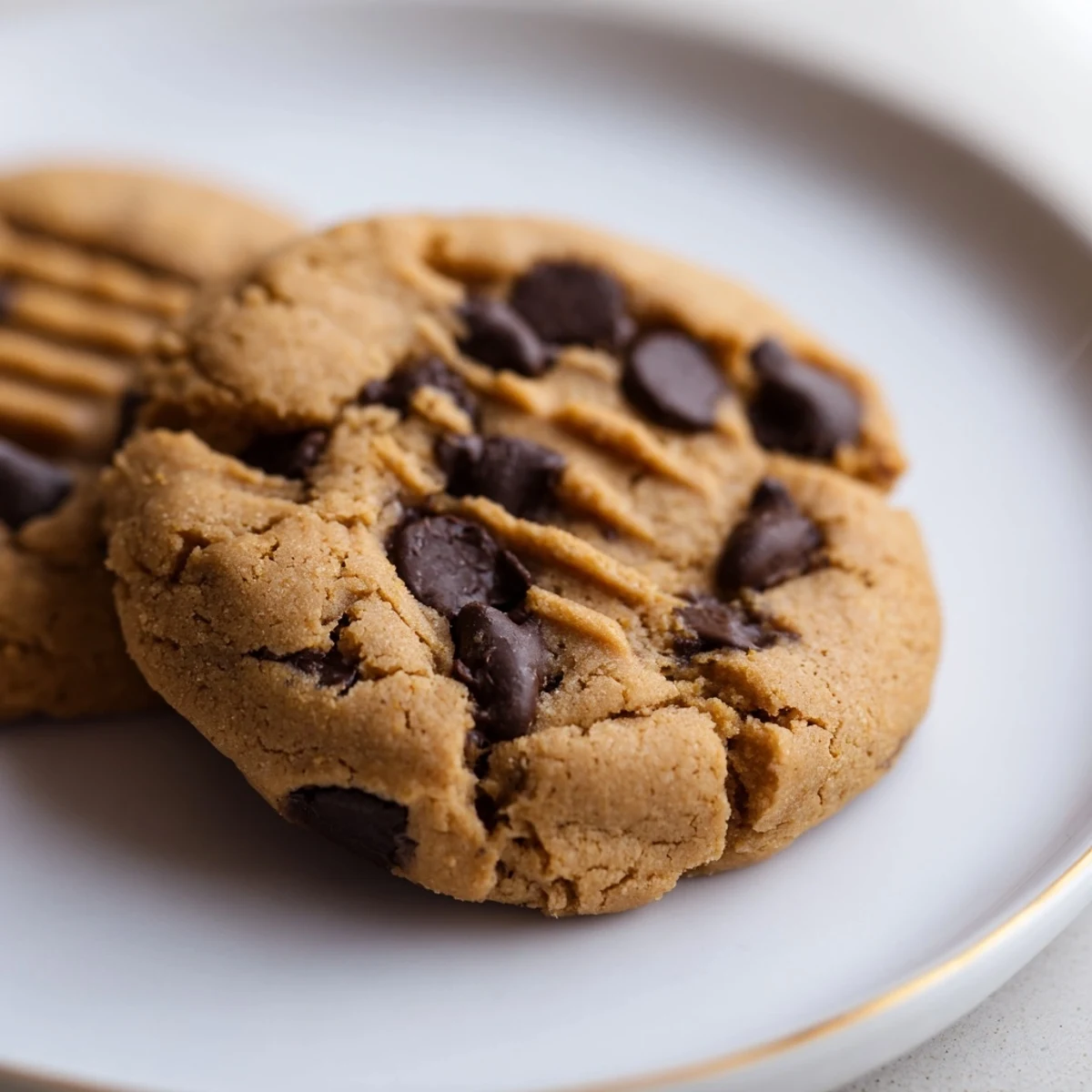 Warm, golden Peanut Butter Chocolate Chip Cookies with pockets of melted dark chocolate, ready to eat.