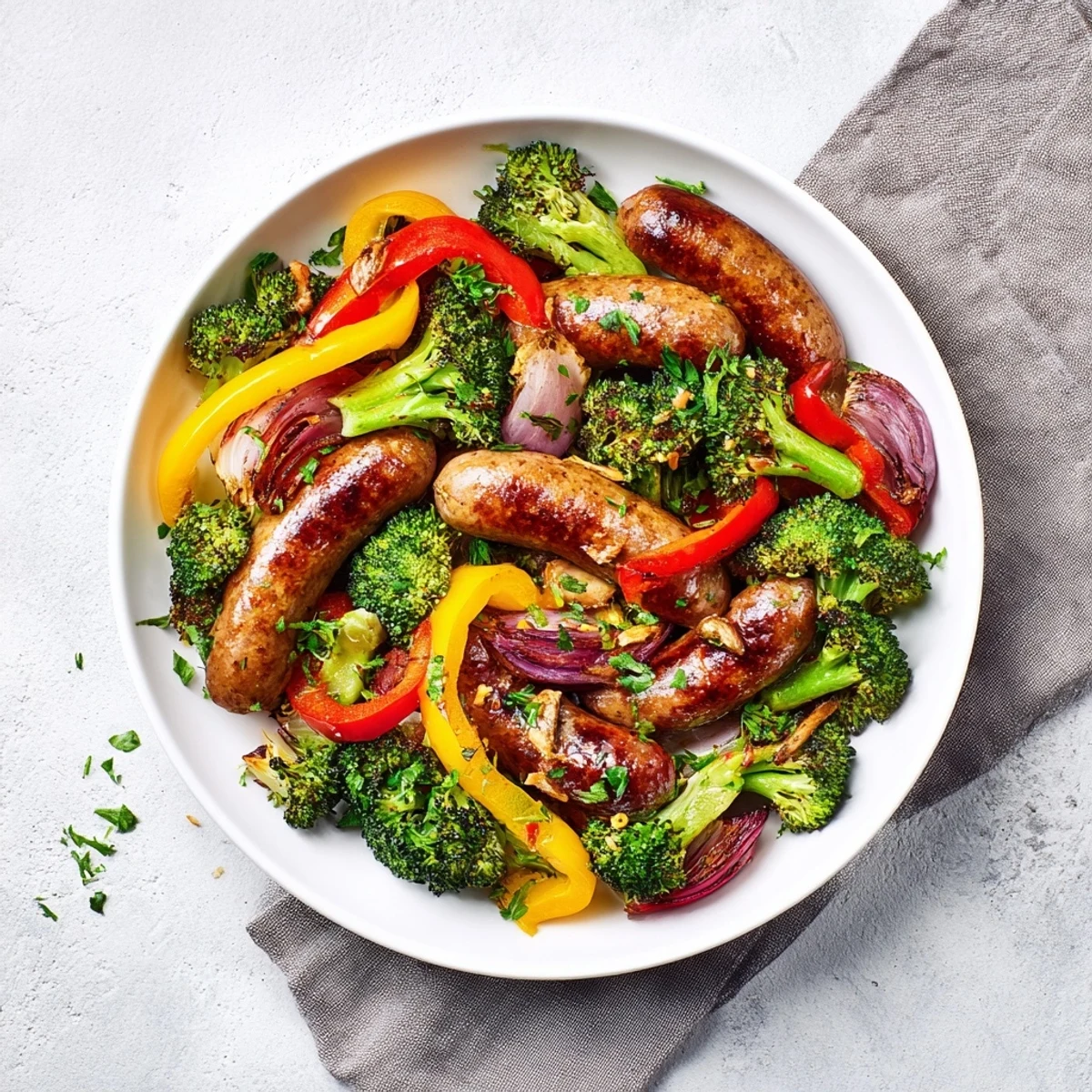Rustic Simple Sheet-Pan Sausage with tender roasted broccoli and colorful bell peppers, ideal for dinner.