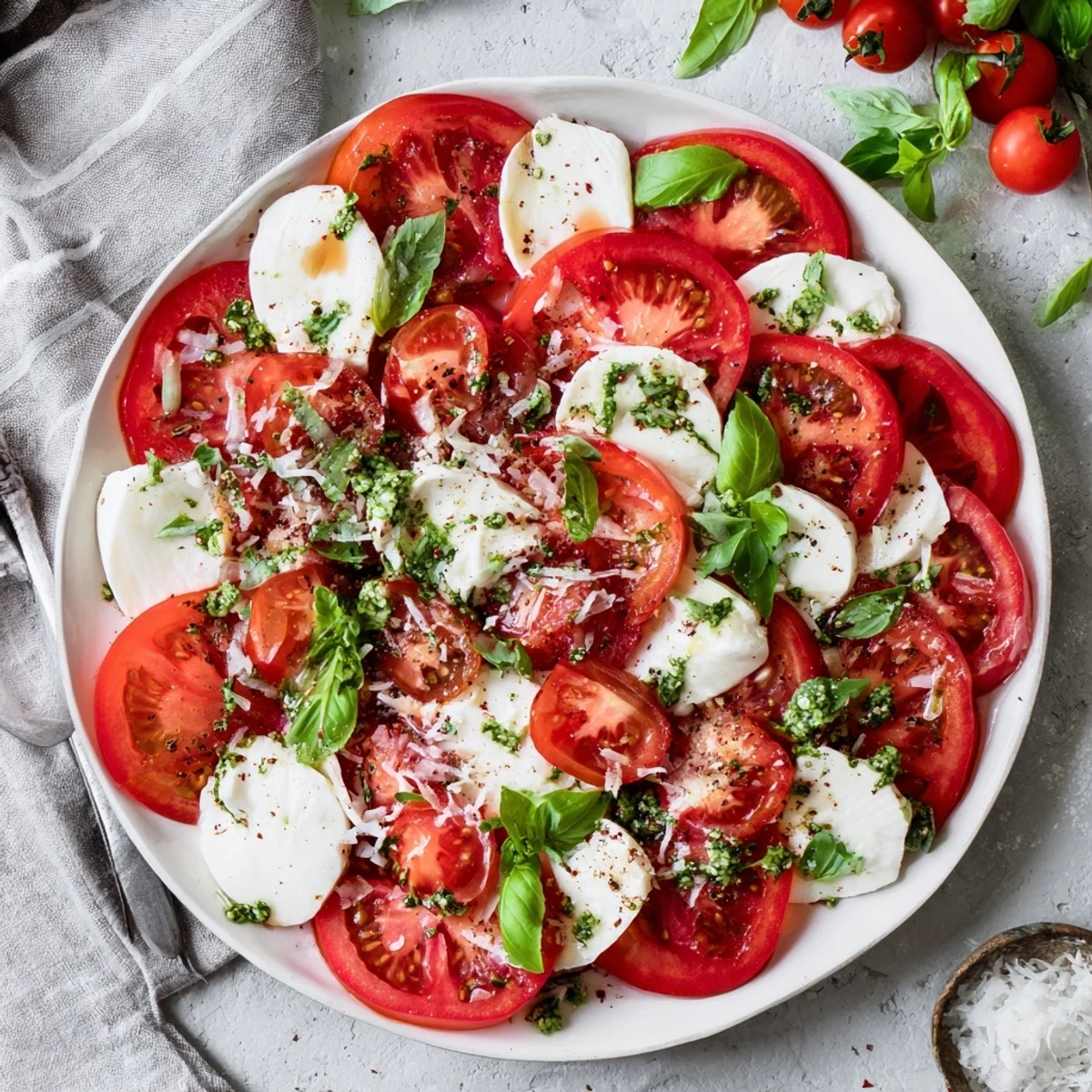 Fresh Caprese salad, tomatoes and creamy mozzarella drizzled with basil vinaigrette, a bright Italian classic.