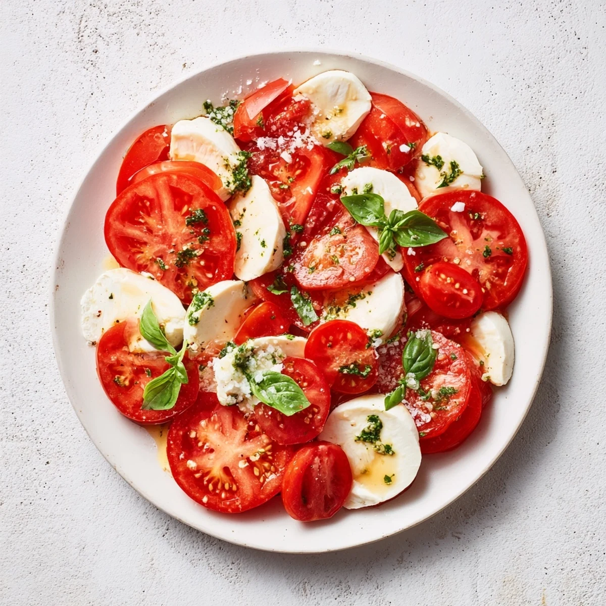 Perfect summer Caprese salad: layers of tomato, mozzarella, and a refreshing basil vinaigrette, ready to serve and enjoy.