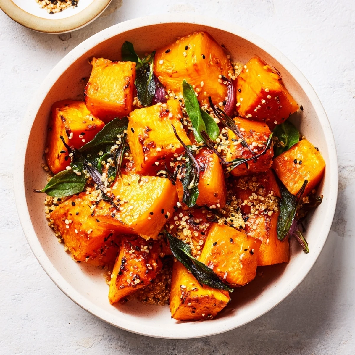 A warm Herb Bowl of roasted vegetables, with thyme and tarragon, ready to enjoy.