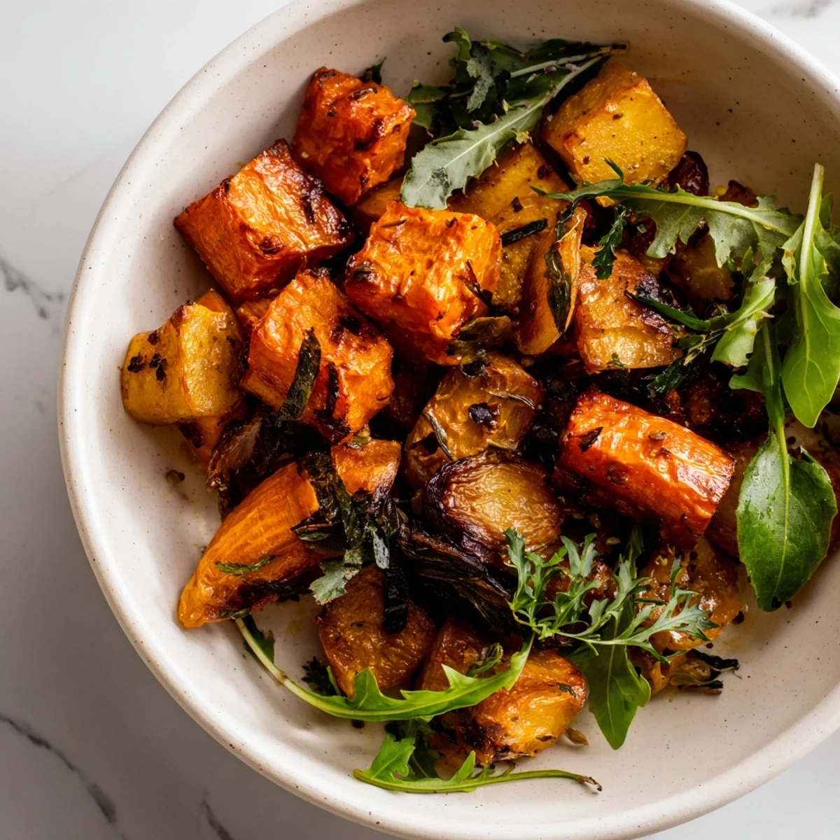 Vibrant Herb Bowl, featuring roasted root vegetables with fragrant thyme and fresh tarragon.