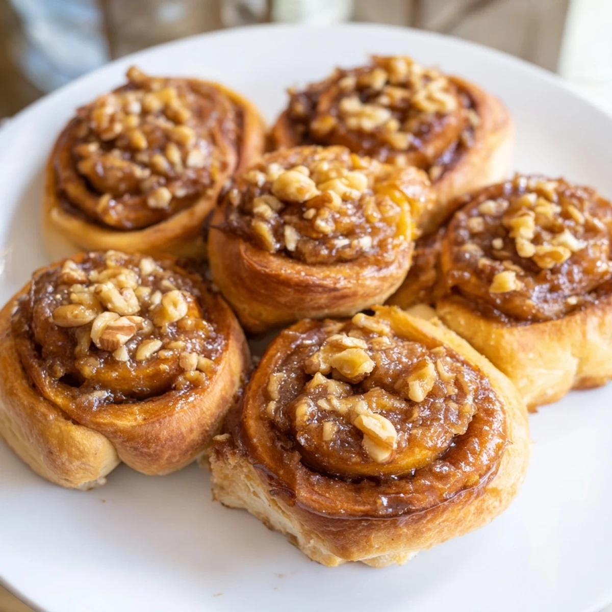 Golden-brown maple pecan sticky buns, a delightful dessert with a sweet, gooey glaze for breakfast.