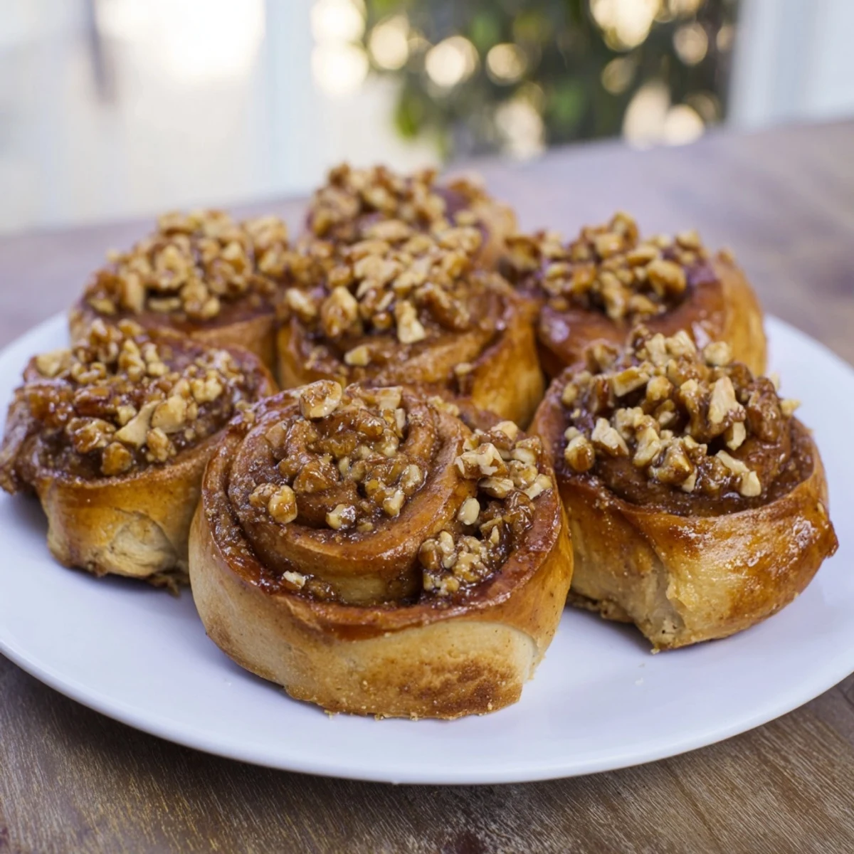 Warm maple pecan sticky buns dripping with glaze, showcasing layers of cinnamon and chopped pecans.