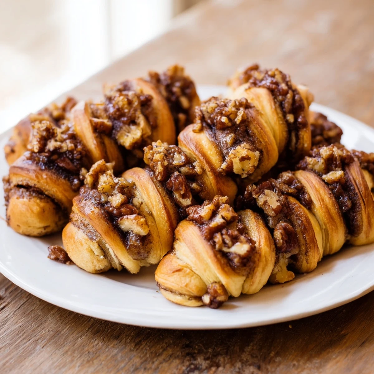 Freshly baked maple pecan sticky buns with a glistening maple glaze, invitingly sweet and warm.