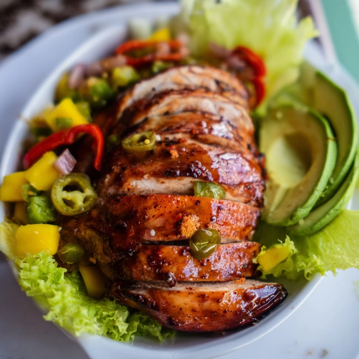 Grilled chicken and vibrant mango salsa filling fresh lettuce wraps, a flavorful meal idea.