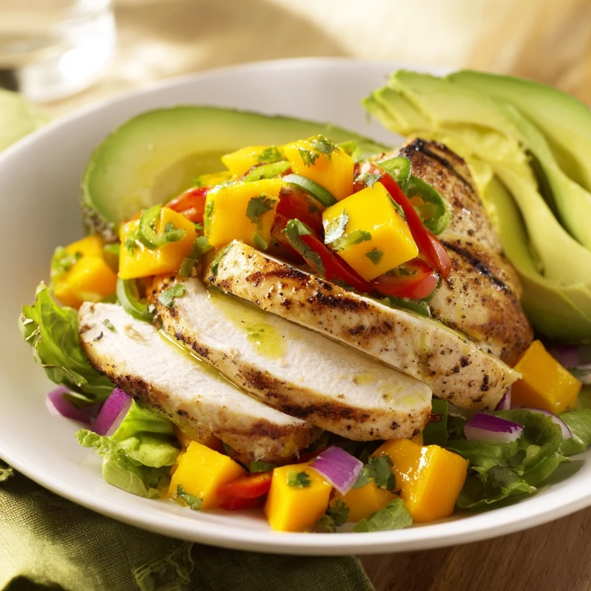 Close-up of Chicken and Mango Salsa Lettuce Wraps, offering a taste of tropical and savory flavors.