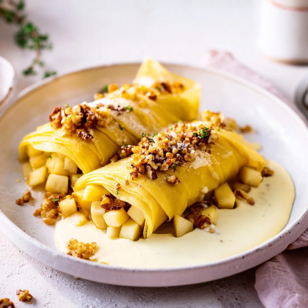 Warm slices of homemade Apple Strudel, bursting with spiced apples, are drizzled with vanilla sauce.