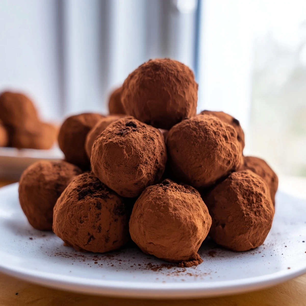 Dark Chocolate Truffles, dusted in cocoa, offer a decadent, rich treat in a close-up photo.