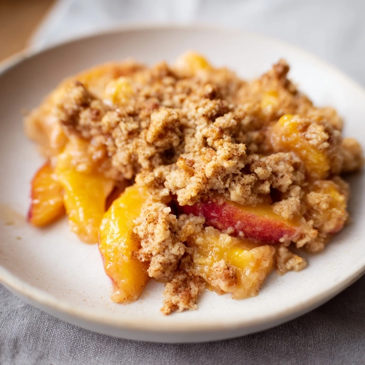 A close-up of a rustic, buttery Peach and Ginger Crumble, perfect for a cozy afternoon treat.