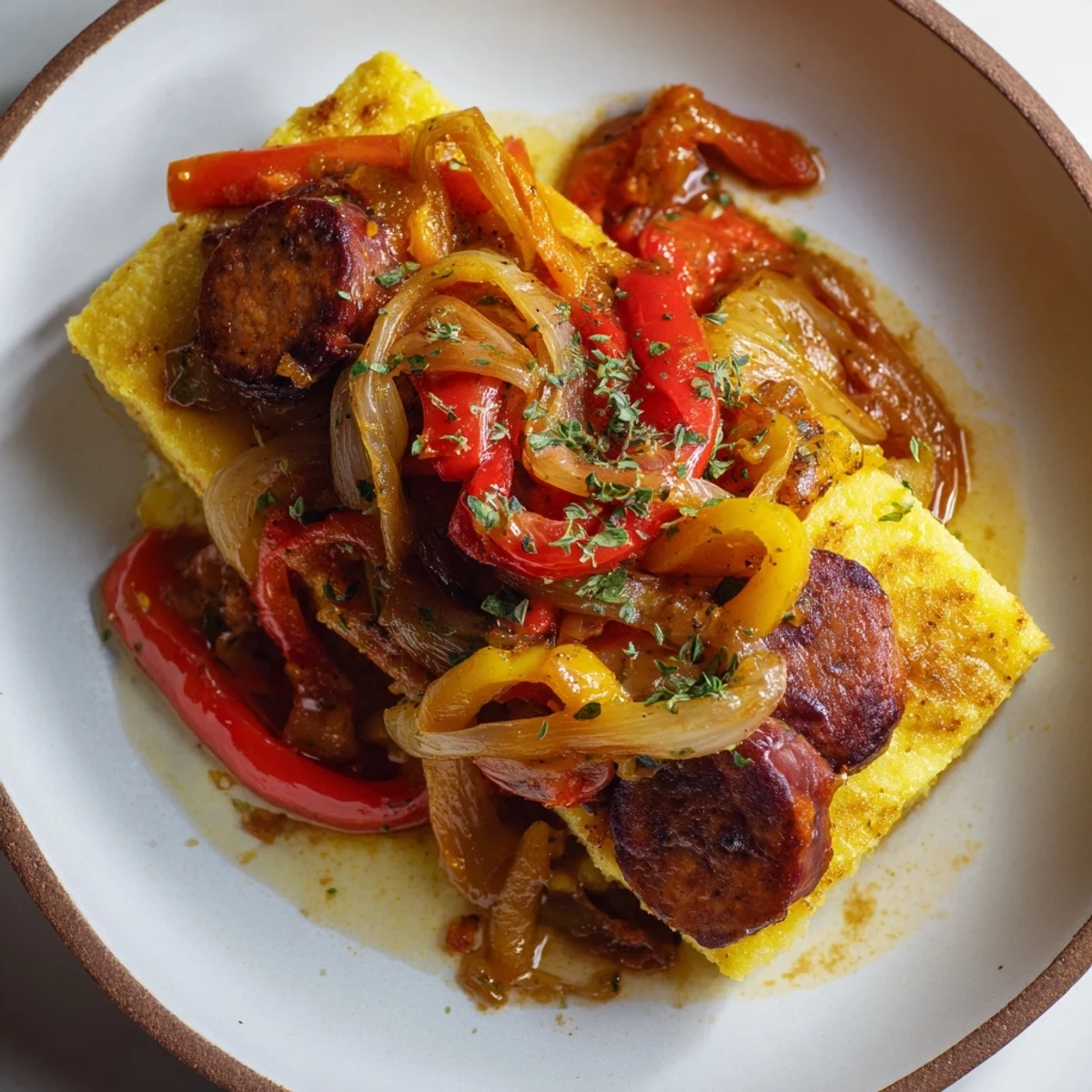 Golden-brown Italian sausages mix with peppers in a rich tomato sauce atop a bed of creamy polenta.