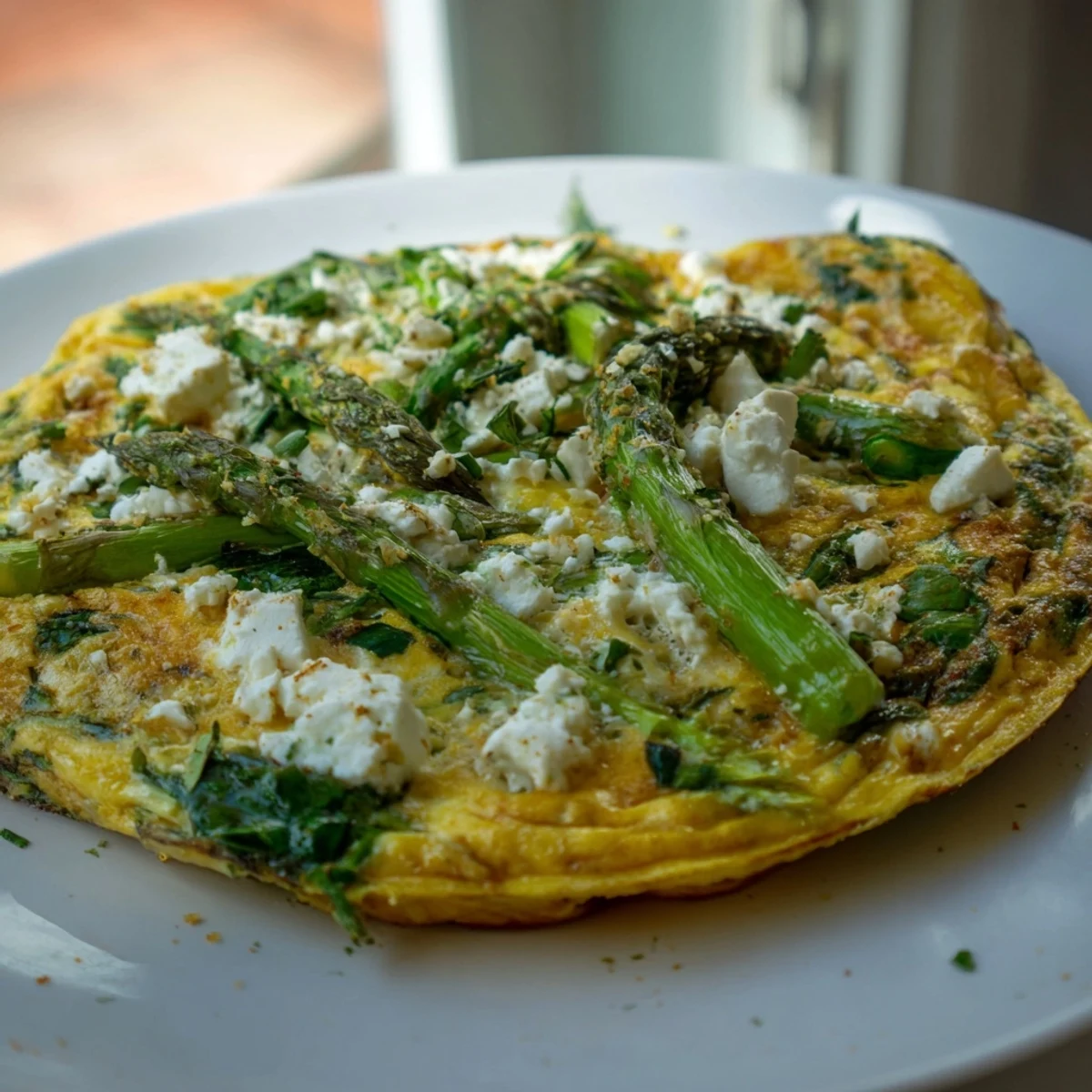 This baked Meadow-Soft Cozy Plate: Frittata showcases fluffy eggs, vegetables, and a generous sprinkle of goat cheese.