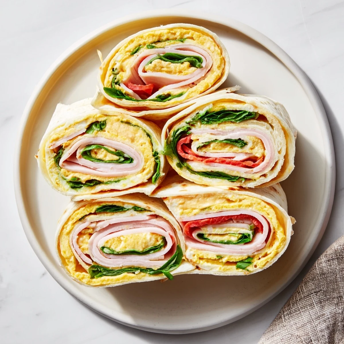 Turkey and Provolone Pinwheels: A close-up of beautifully sliced pinwheels with visible turkey and cheese layers.