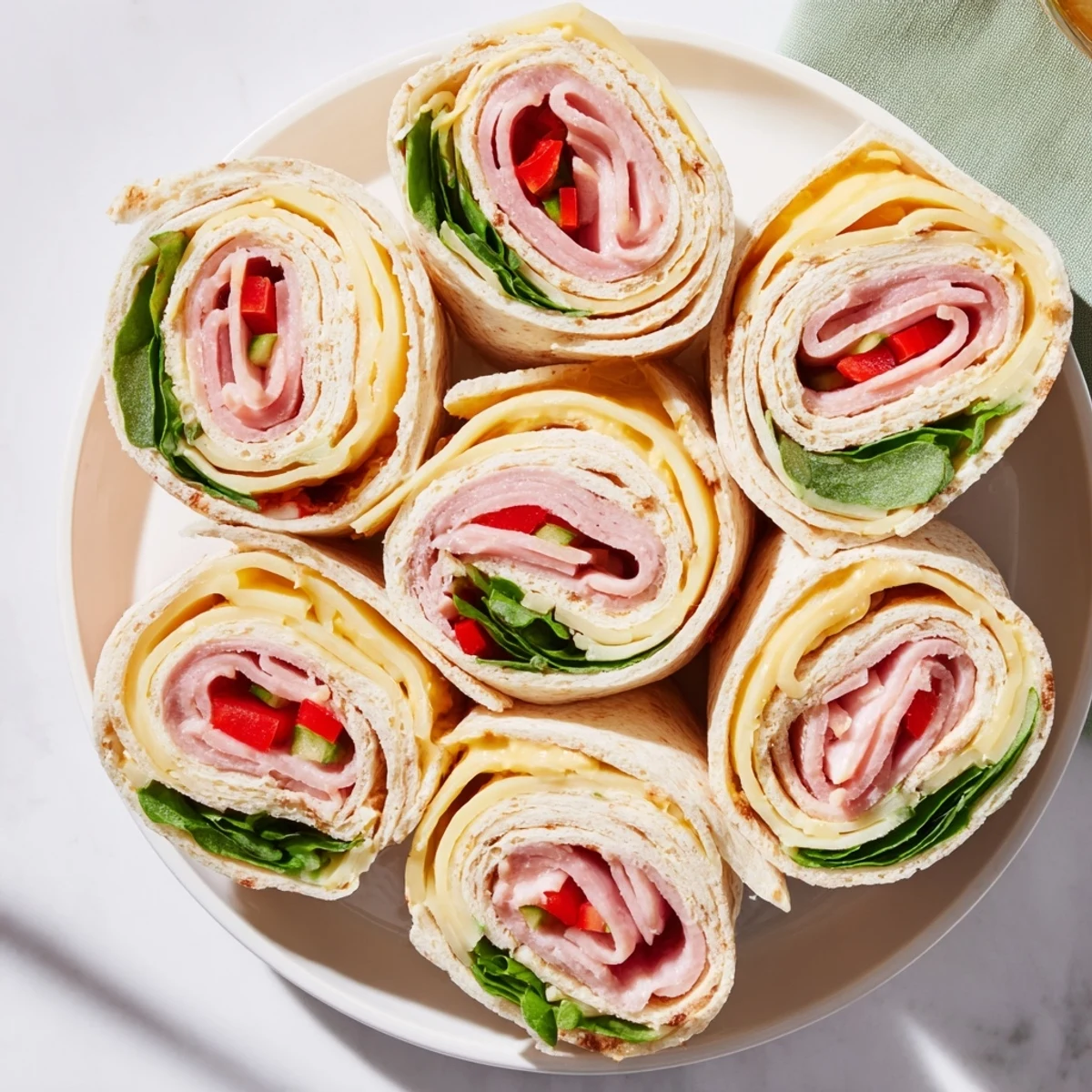 Freshly made Turkey and Provolone Pinwheels, showcasing colorful veggies and creamy spread, ready to serve and enjoy.