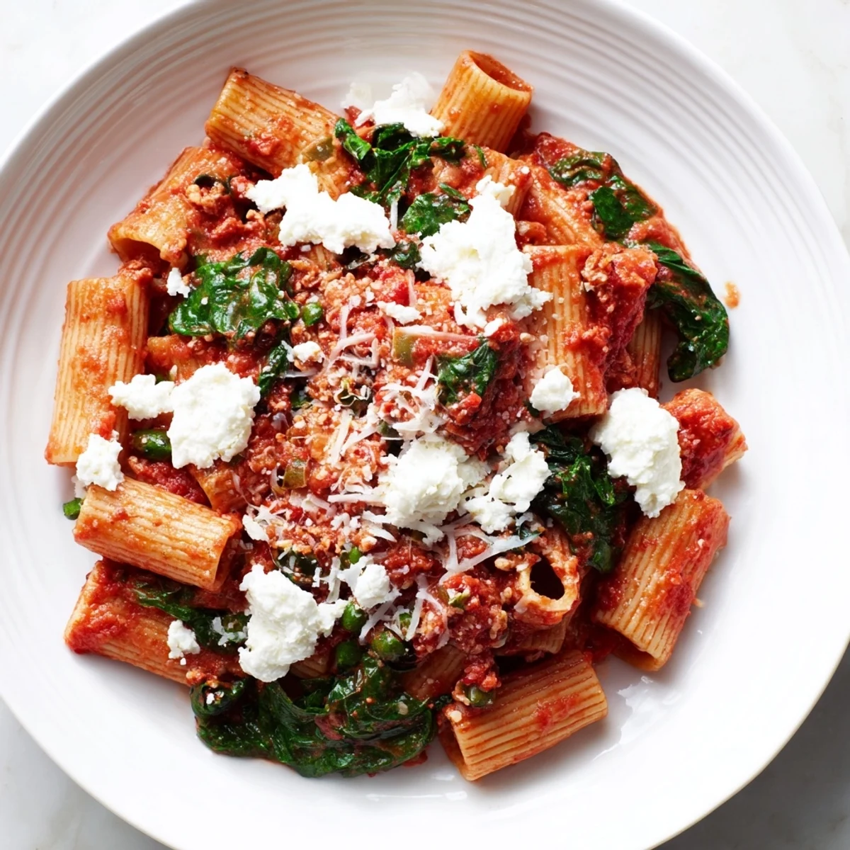 Golden-brown baked Ziti with ricotta, spinach, and olives, a hearty Italian-American main course.