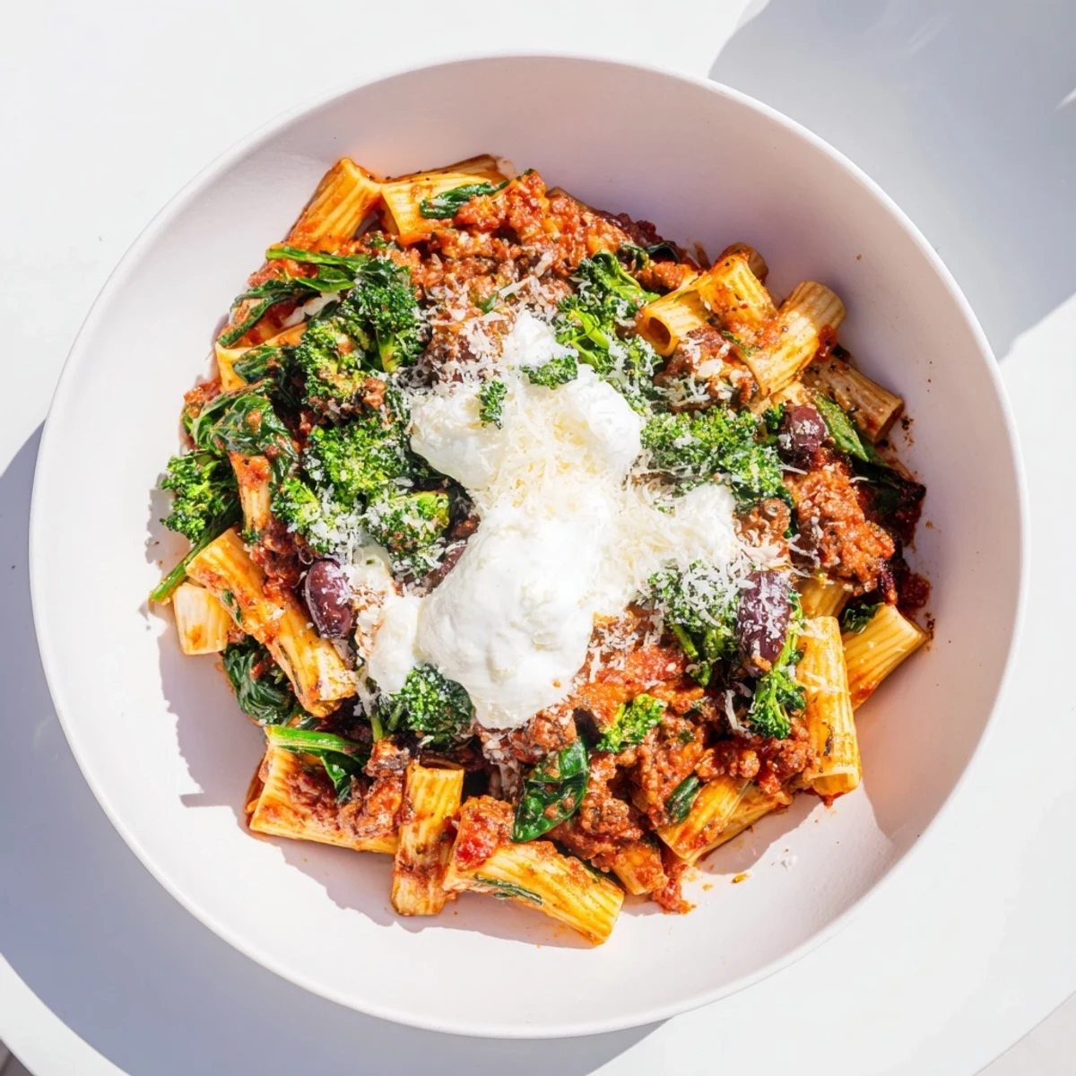 Warm baked Ziti with ricotta and spinach, bubbly cheese topping, a classic comfort food meal.