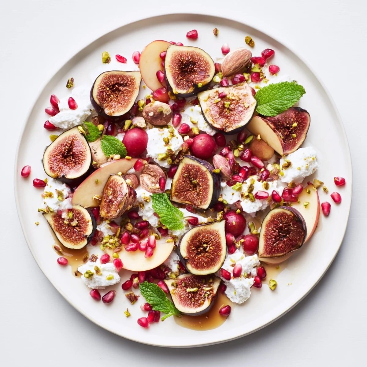A beautifully arranged Winter Fruit: Fig and Date Snowdrift Platter awaiting a drizzle of honey.