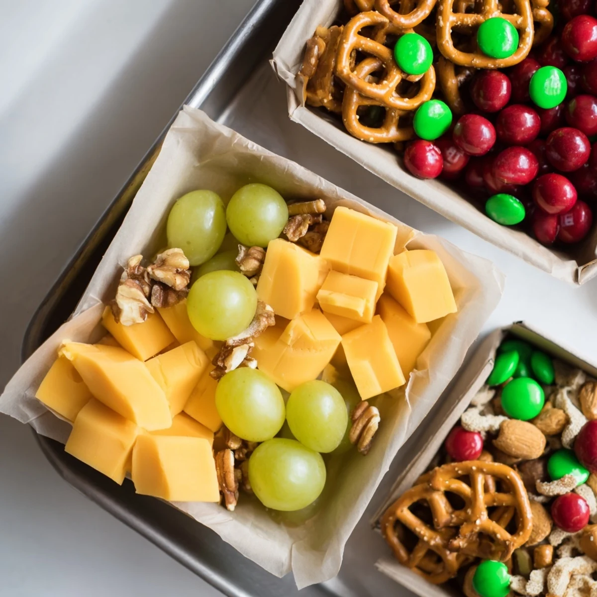 Delicious Stacked Christmas Gift Snack Tower featuring cheese cubes, pretzels, and wrapped with ribbons.
