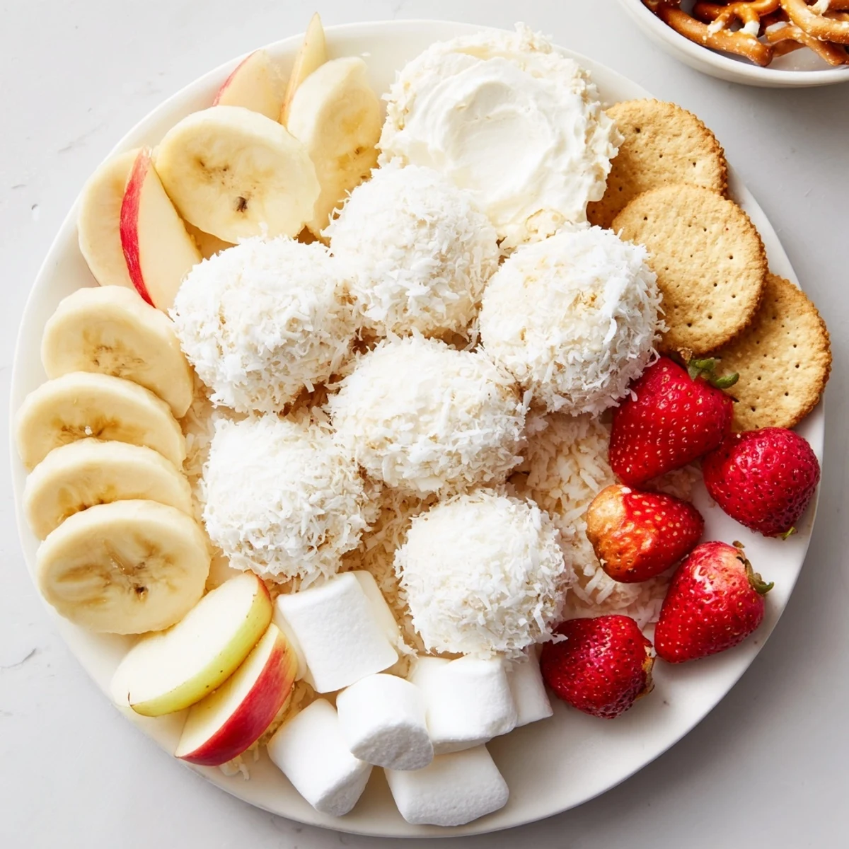 Close-up of a dreamy Marshmallow Snowball Dip Platter with coconut-covered snowballs and fruit for dipping.