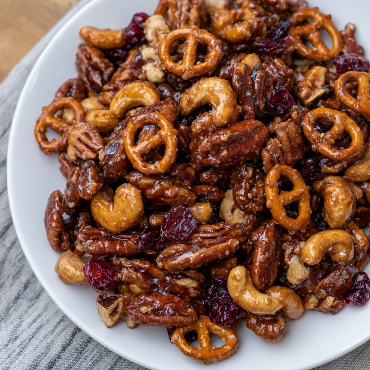 Golden-brown Sweet and Salty Holiday Nut Bowl: a festive snack with pretzels and cranberries.