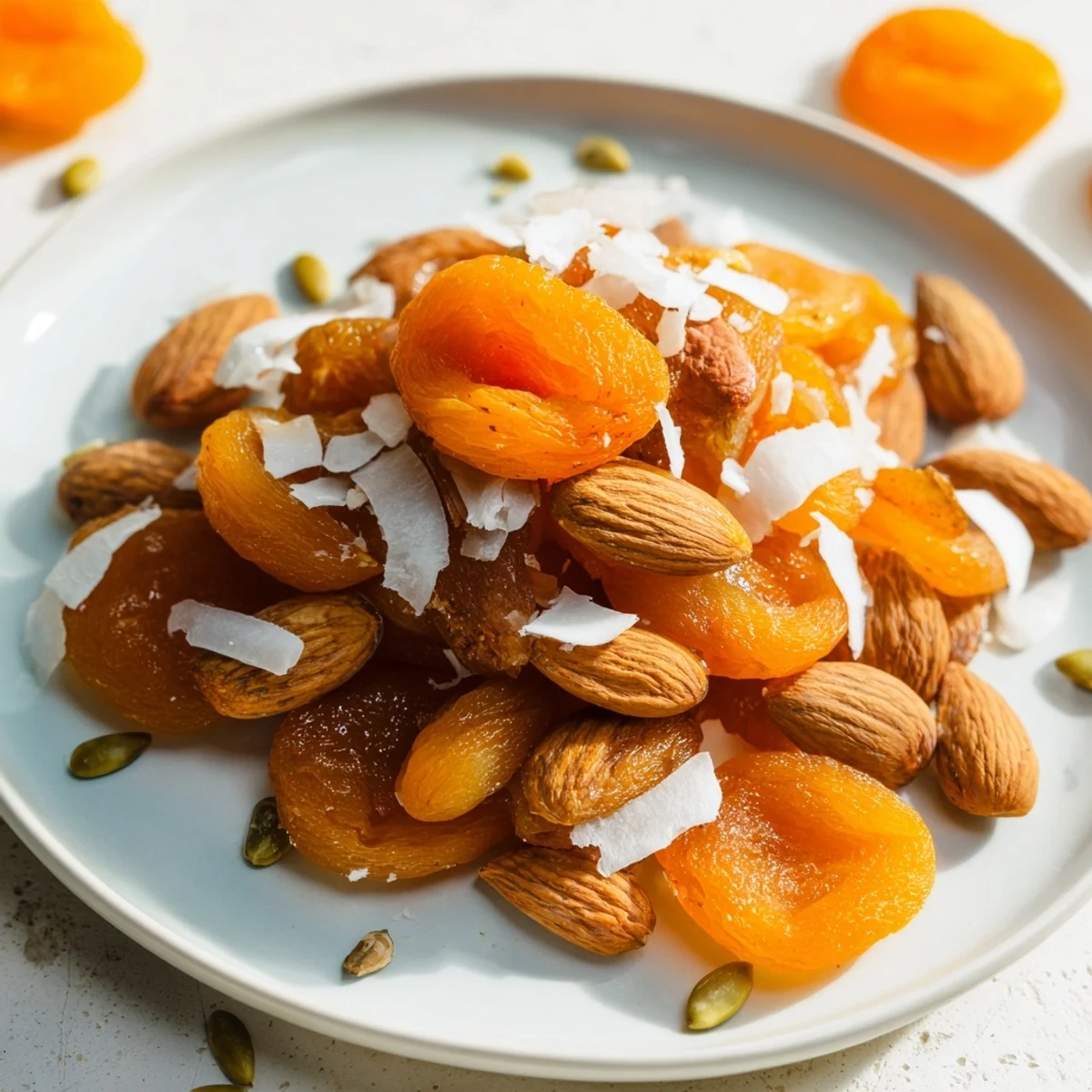 A close-up of the easy fruit & nut recipe featuring sweet apricots and lightly toasted almonds, enticing anyone.