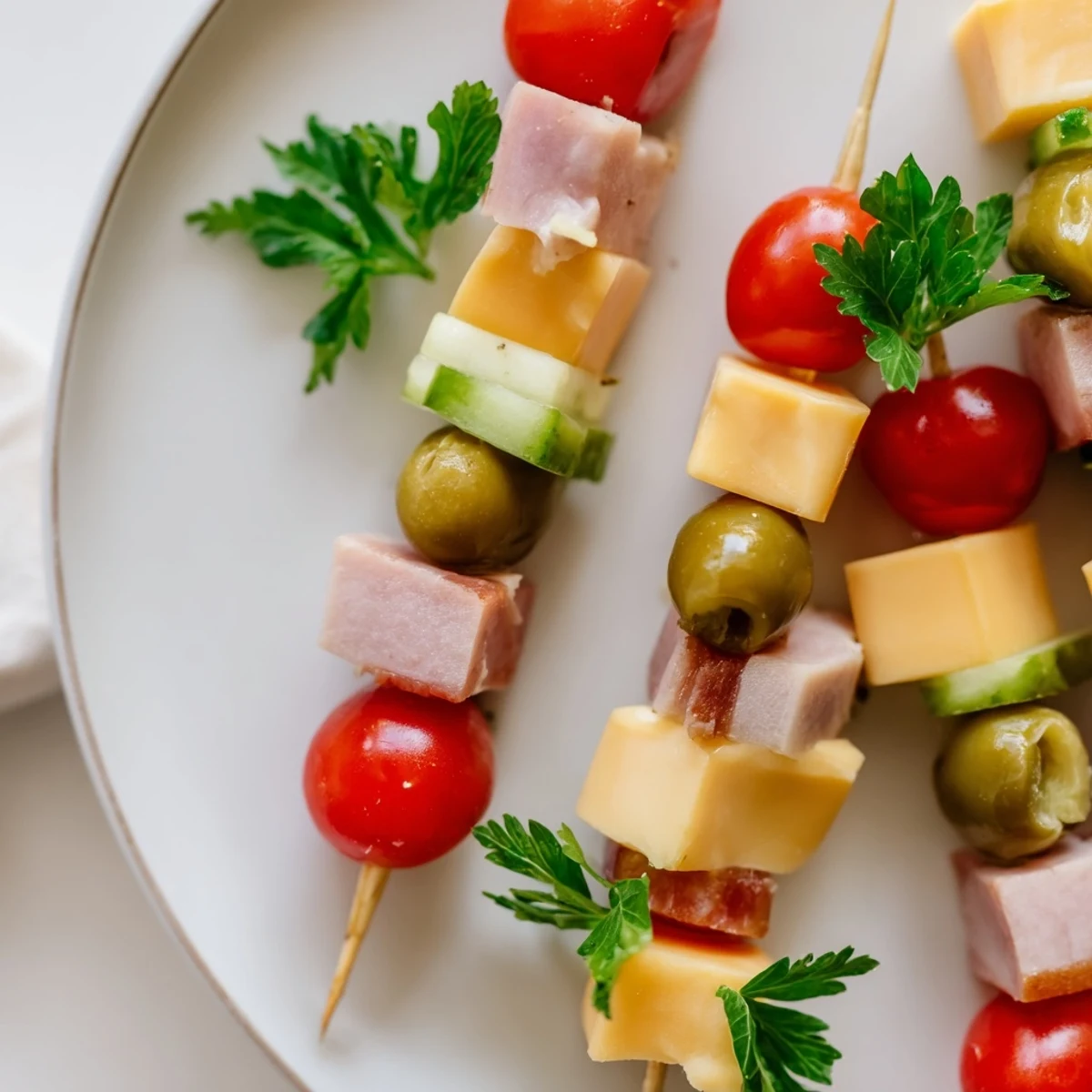 Savory Skewers showcasing vibrant cubes of meat, cheese, and pickle, ready for easy snacking.