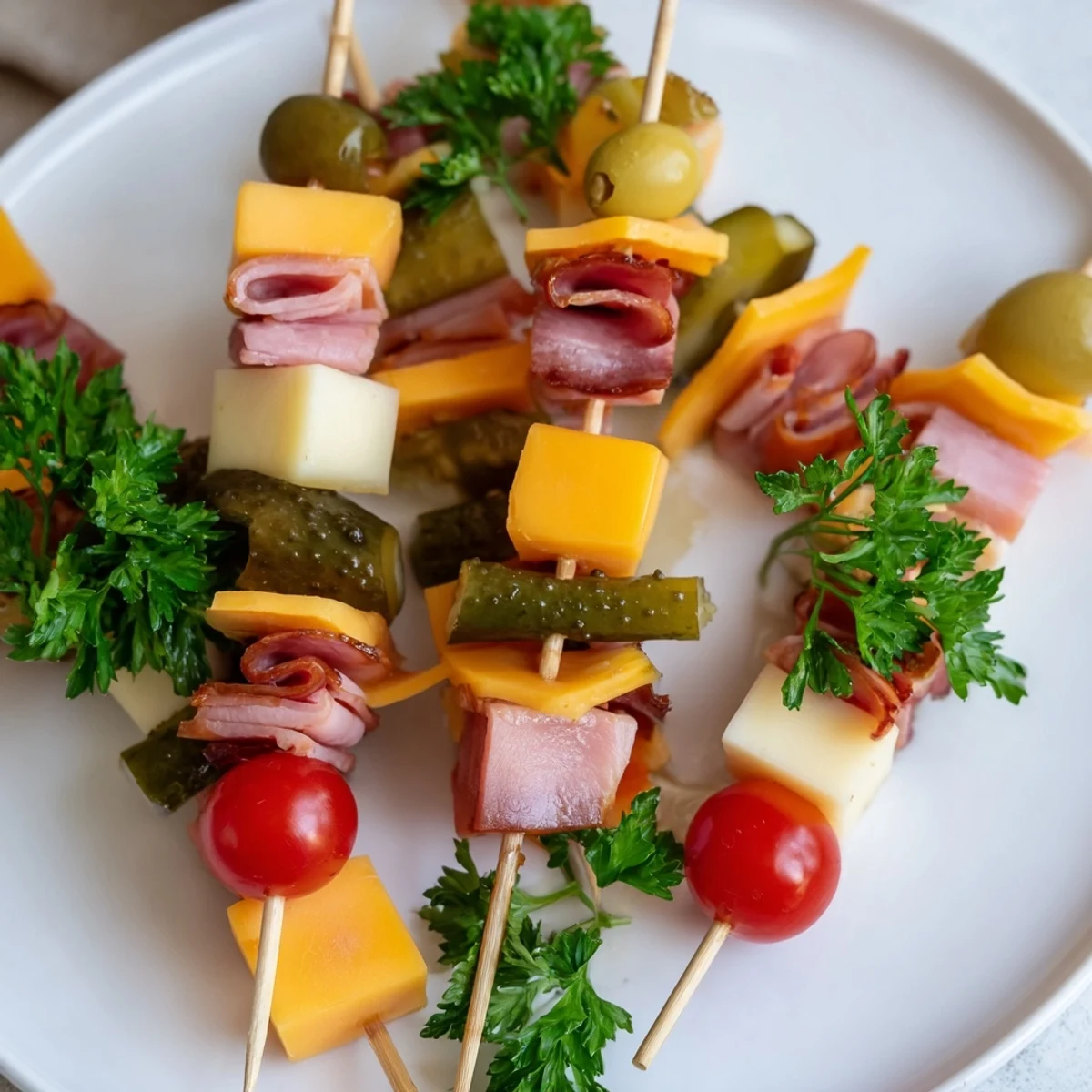 Close-up of hearty Savory Skewers, boasting layers of cheese, meats, tomatoes and olives, ready to eat.