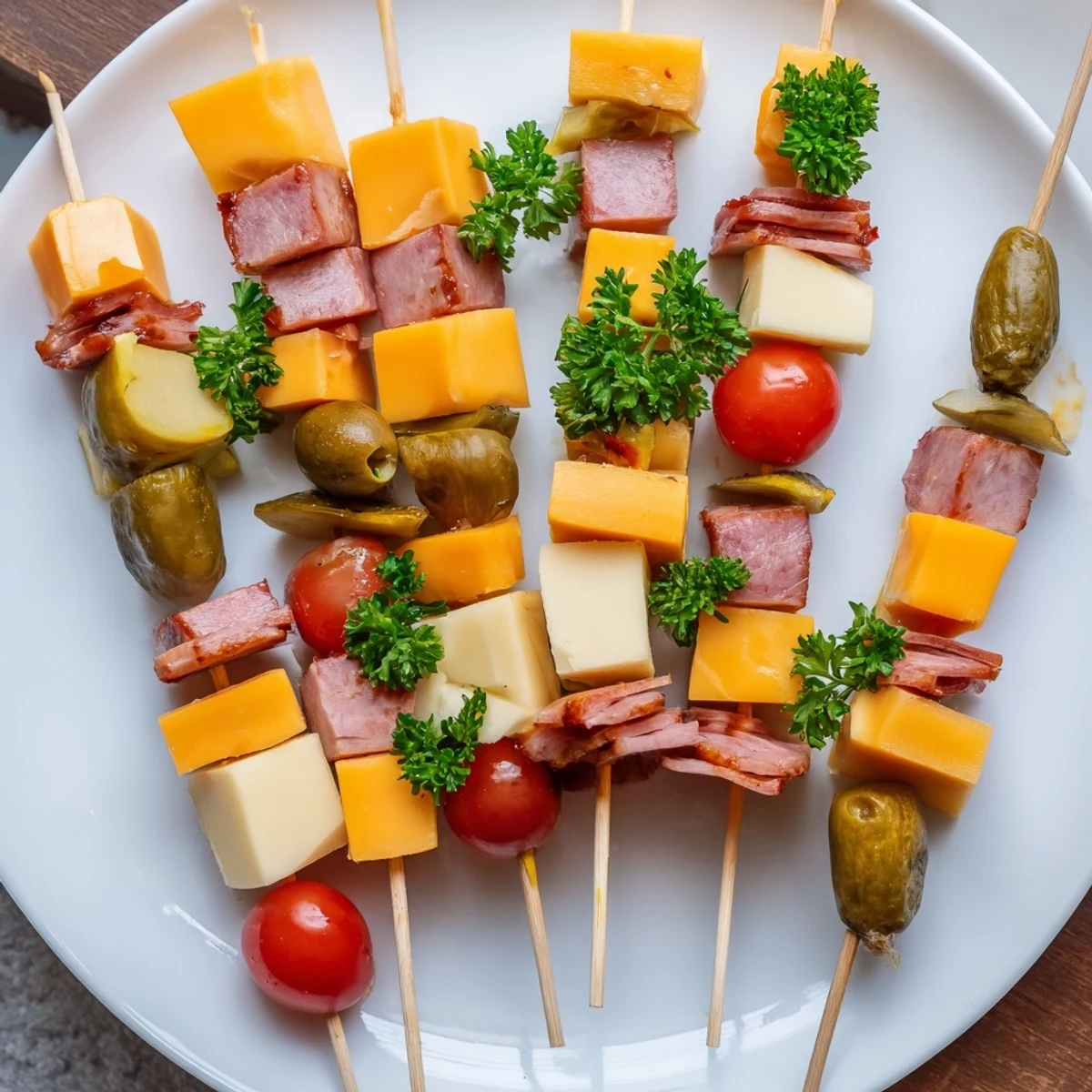 Delicious Savory Skewers arranged on a platter, featuring ham, cheddar, and tangy dill pickles.