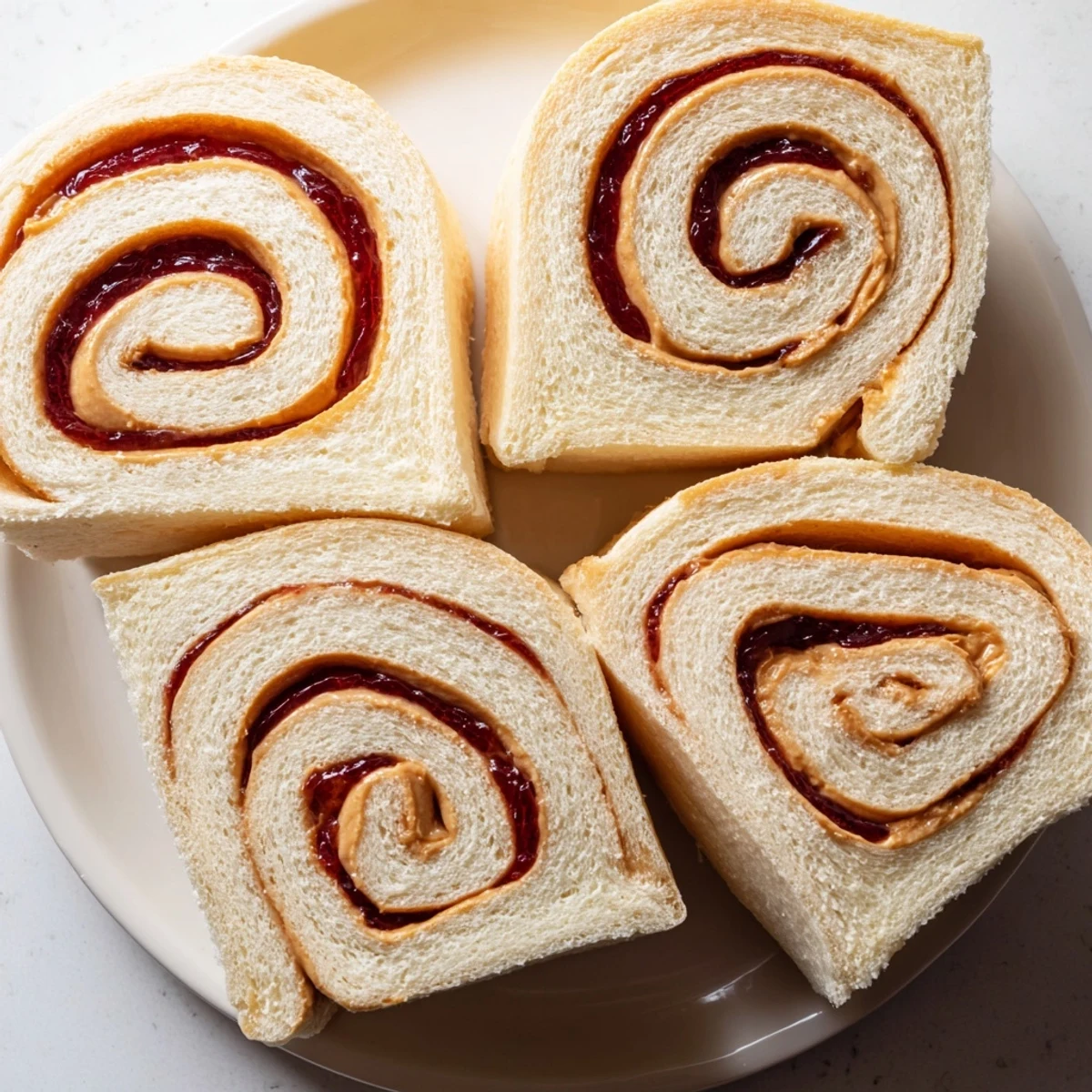 Fresh, quartered PB&J pinwheel rolls show a fun way to enjoy a peanut butter and jelly sandwich.