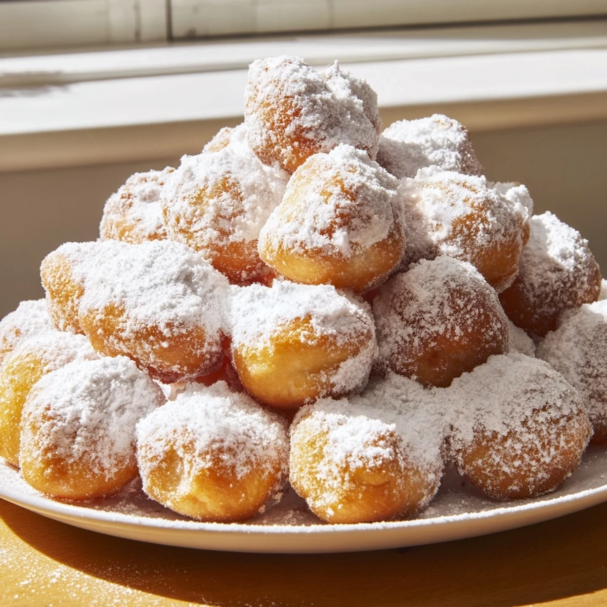 A mountain of powdered donut holes, ready to be dipped in rich chocolate sauce and enjoyed.