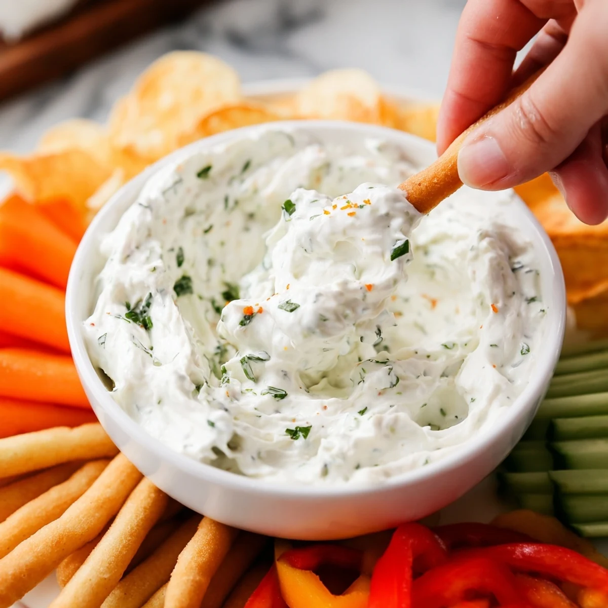 A vibrant picture of Kids Dip: Cream Cheese and Ranch Dip, surrounded by colorful vegetable sticks.