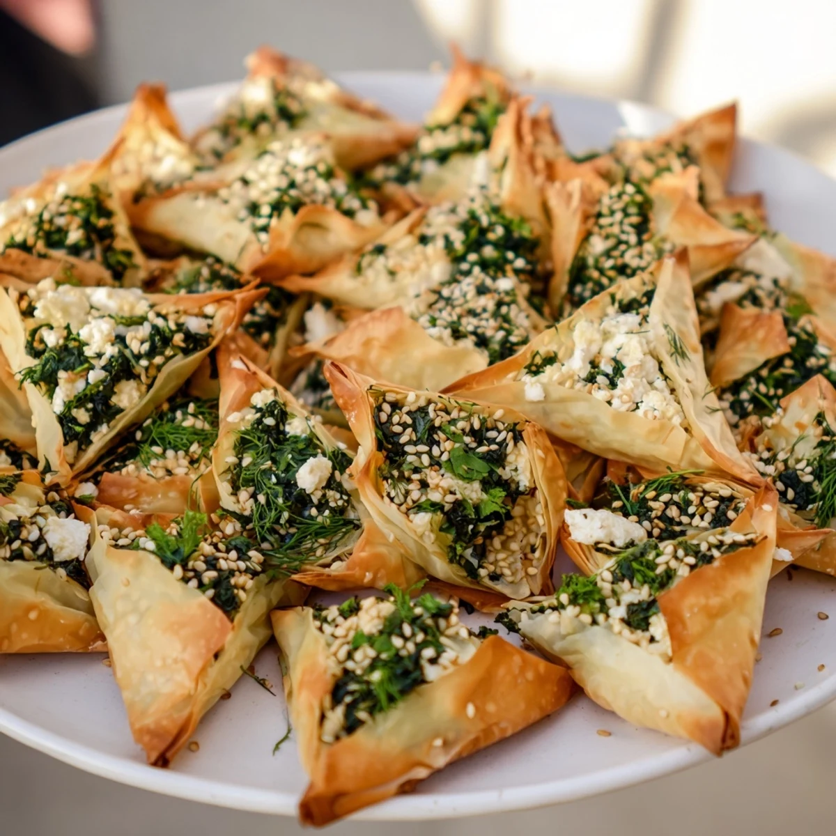 Crispy layers and a savory aroma define these delicious Mini Spanakopita Triangle Cluster appetizers, perfect for sharing.