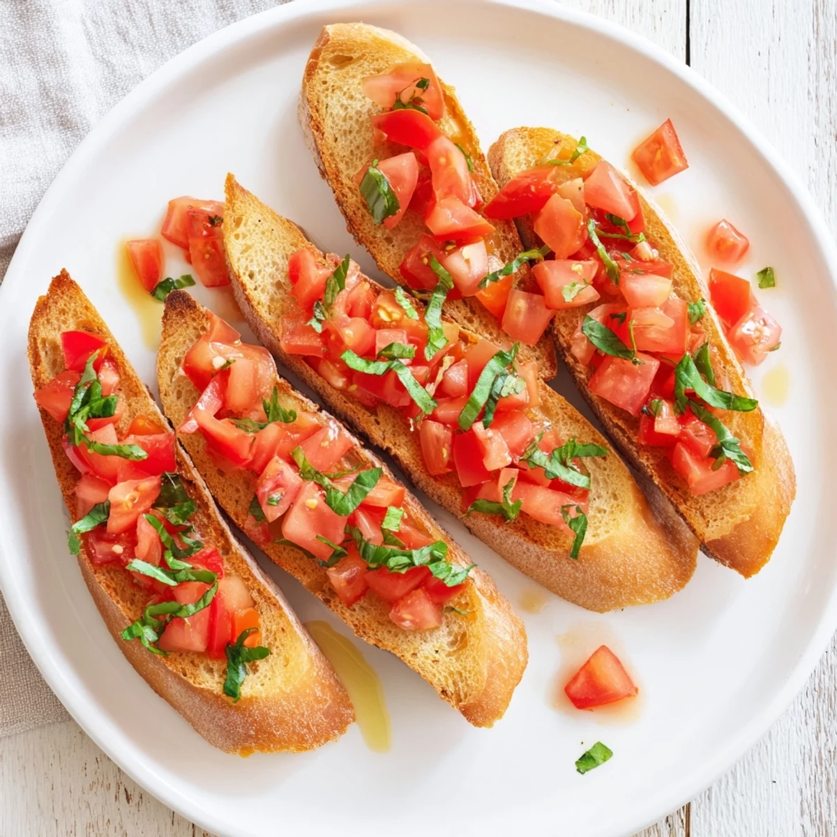 Bruschetta Toasts arranged in a diagonal line, overflowing with fresh tomato and basil goodness.