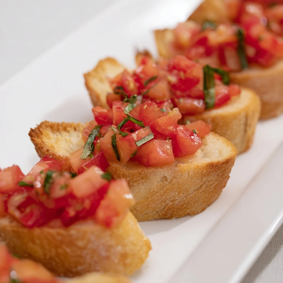 Golden, crispy Bruschetta Toasts, ready to eat, topped with vibrant, flavorful tomato mixture.