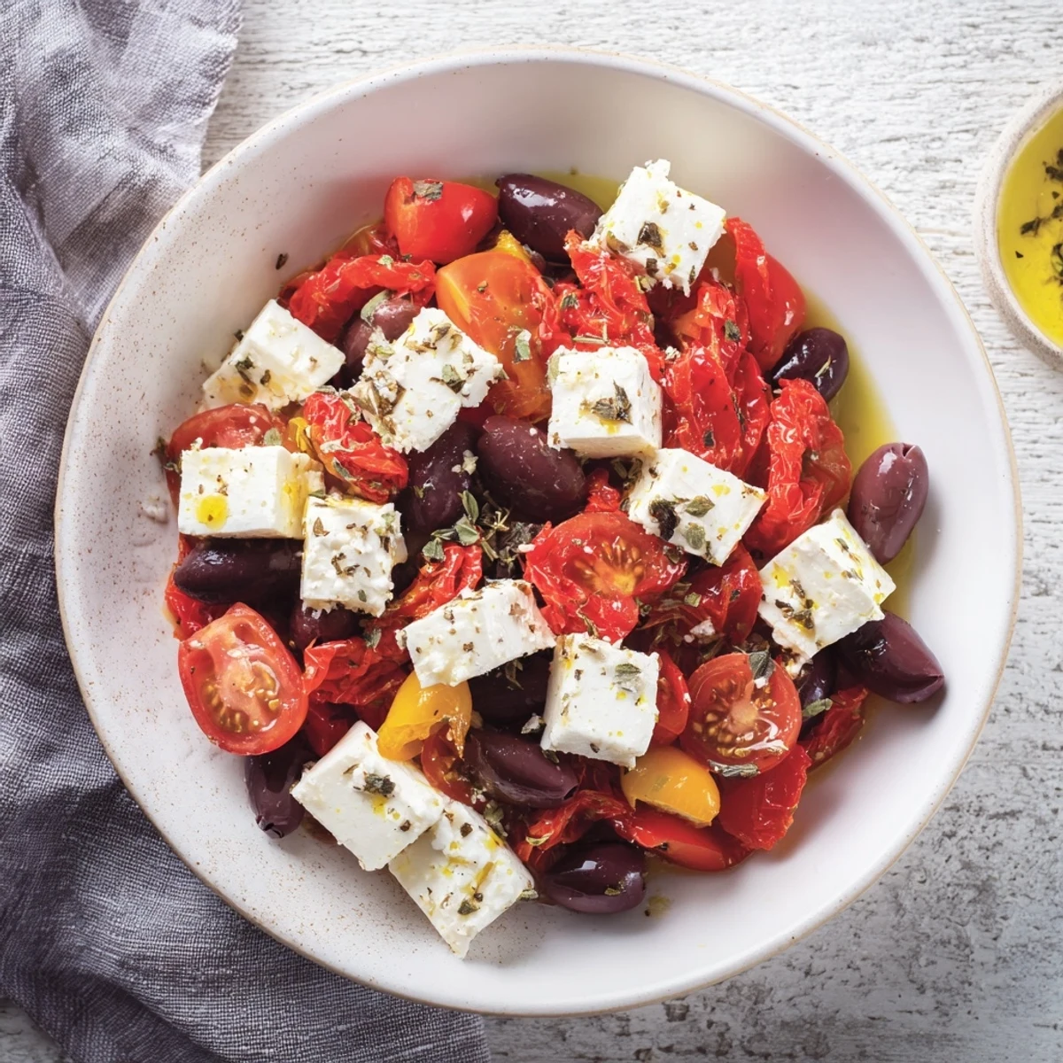 Vibrant platter of black olives and sun-dried tomatoes—a delicious Mediterranean appetizer, ready to serve.