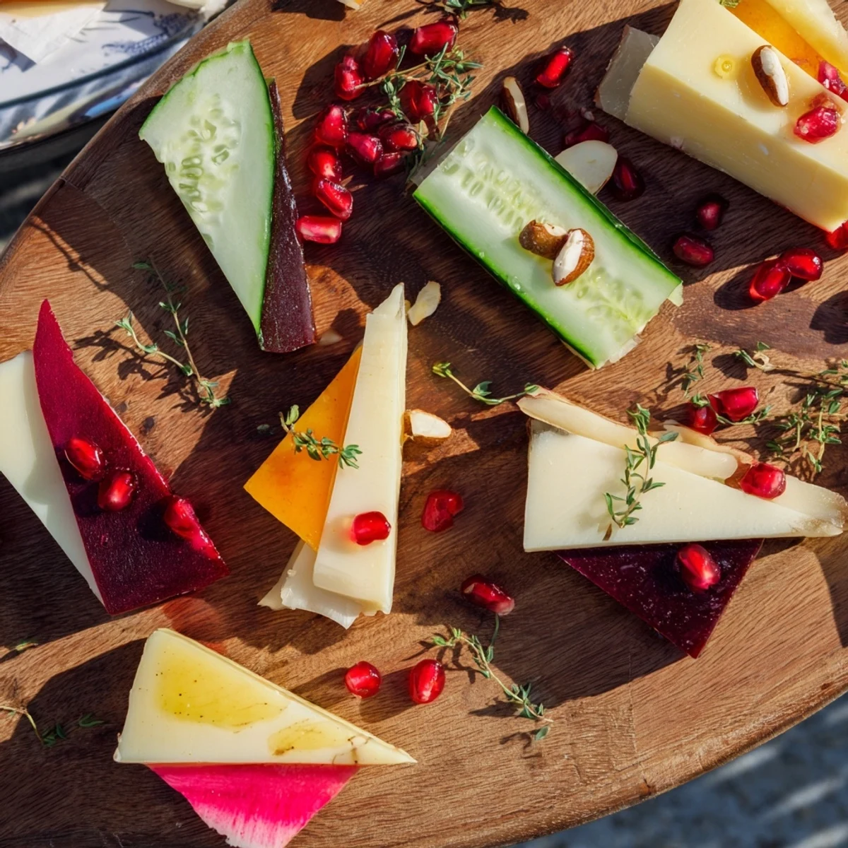 The Tessellation Triangle appetizer board with vibrant red peppers and creamy goat cheese.